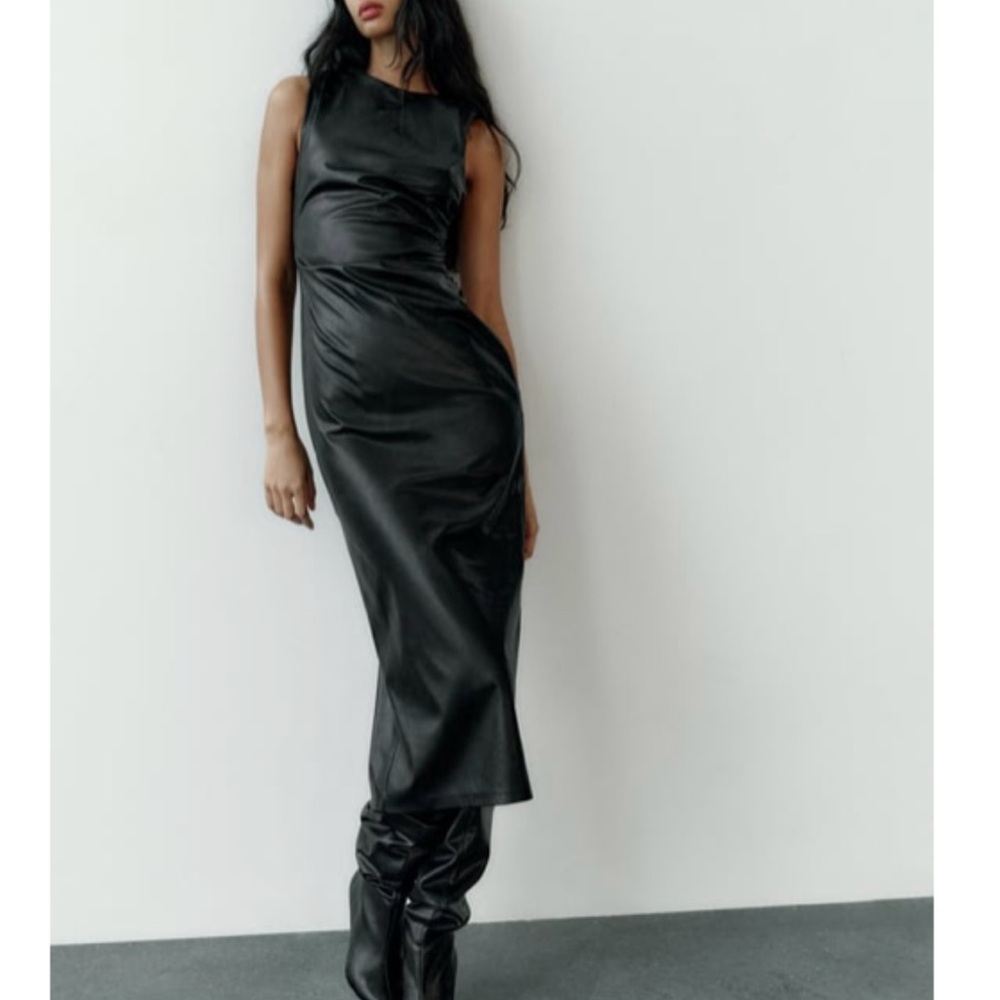 NWT ZARA FAUX LEATHER DRAPED DRESS BLACK